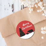 Modern Minimal Christmas Bears  Classic Round Sticker<br><div class="desc">This beautiful,  simple design features two cute bears admiring a decorated Christmas tree,  with a modern Merry Christmas in script.  An elegant holiday label perfect for envelopes or gifts!</div>