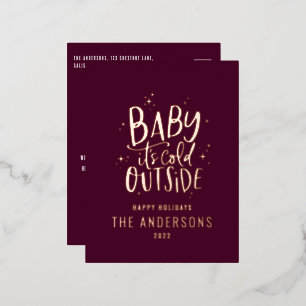 Modern minimal Christmas burgundy elegant Foil Hol Foil Holiday Postcard