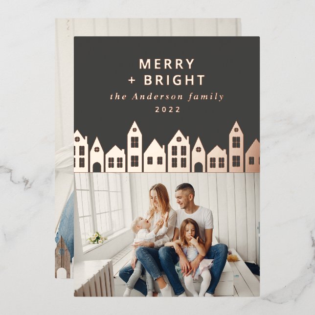 Modern minimal Christmas Nordic houses 2 photo Foi Foil Holiday Card (Front/Back)