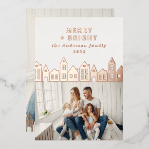 Modern minimal Christmas Nordic houses 2 photo Foil Holiday Card