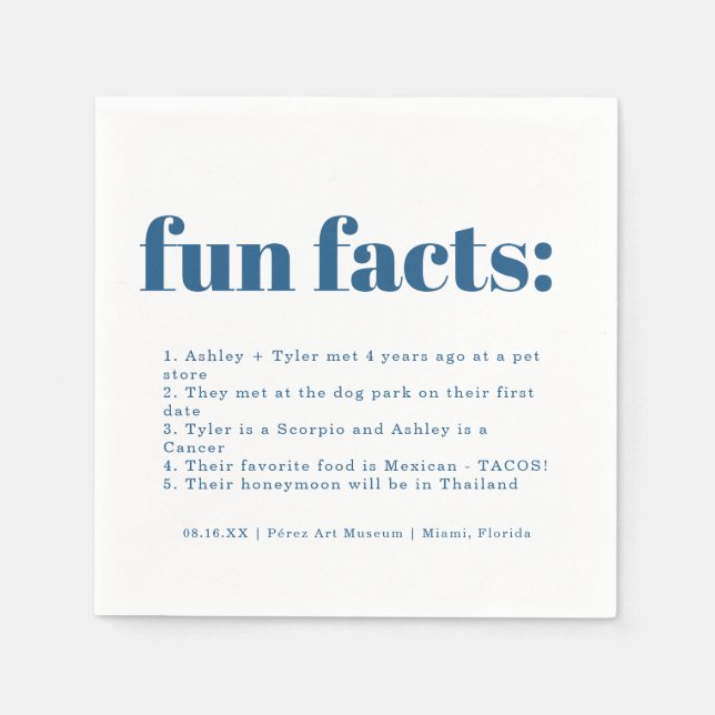 Modern Minimal Classic Blue | Fun Facts Wedding Napkin (Front)