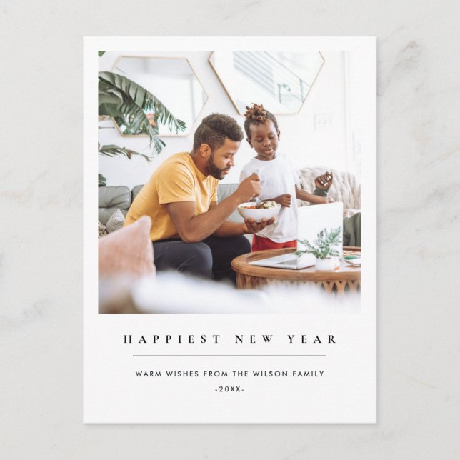 MODERN MINIMAL CLEAN CUSTOM PHOTO HAPPY NEW YEAR HOLIDAY POSTCARD (Front)