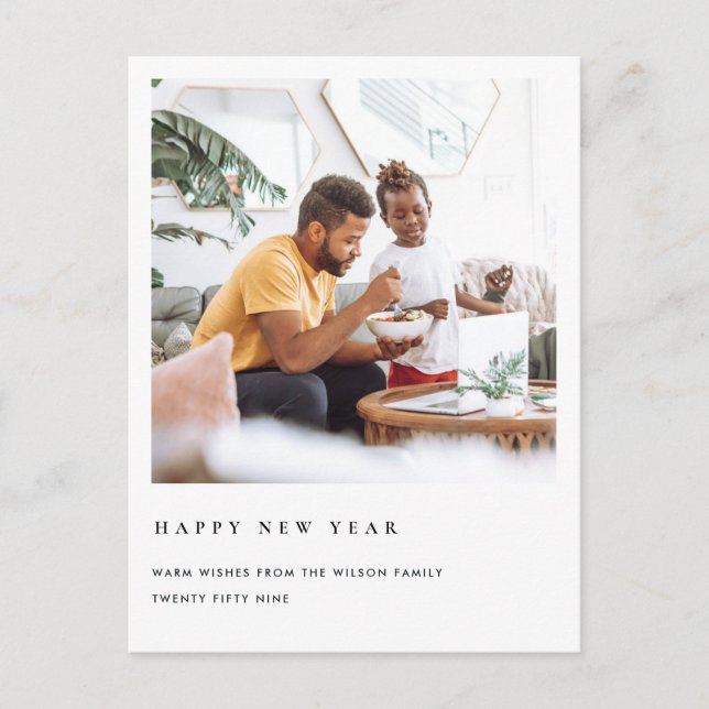 MODERN MINIMAL CLEAN CUSTOM PHOTO HAPPY NEW YEAR HOLIDAY POSTCARD (Front)