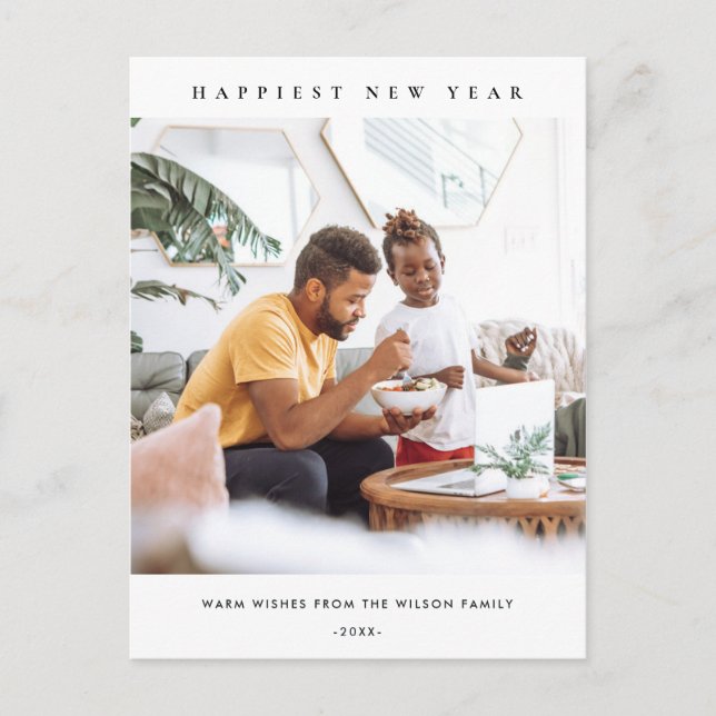 MODERN MINIMAL CLEAN CUSTOM PHOTO HAPPY NEW YEAR HOLIDAY POSTCARD (Front)