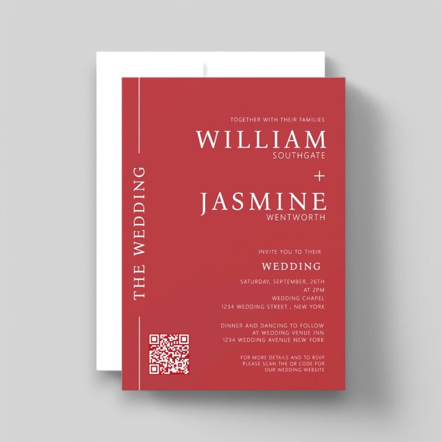 Modern Minimal  clean QR Code All-In-One wedding Invitation (modern minimalist red and white wedding invitation with wedding website qr code link , minimal bride)