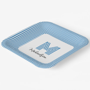 Modern Minimal Coastal Blue Stripes Monogram Paper Plate