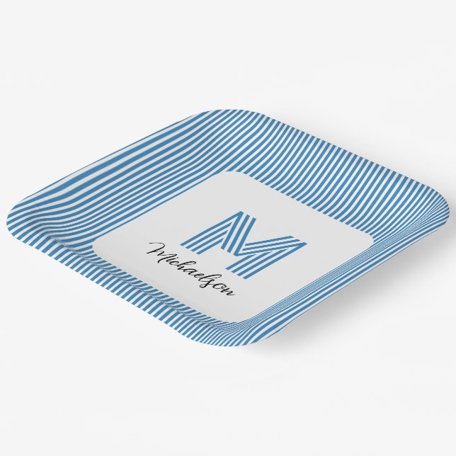 Modern Minimal Coastal Blue Stripes Monogram Paper Plate (Angled)