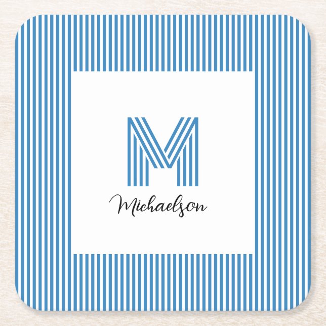 Modern Minimal Coastal Blue Stripes Monogram Square Paper Coaster (Front)