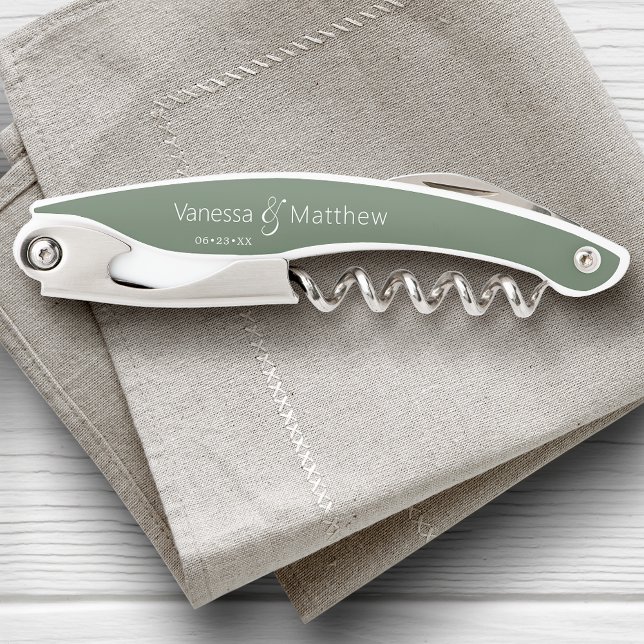 Modern Minimal Couple's Wedding Date Eucalyptus Corkscrew (Edit the design to change the primary color, text color and more)