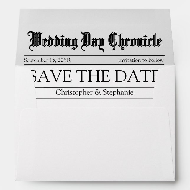 Modern Minimal Customized Newspaper Save the Date Envelope (Back (Bottom))