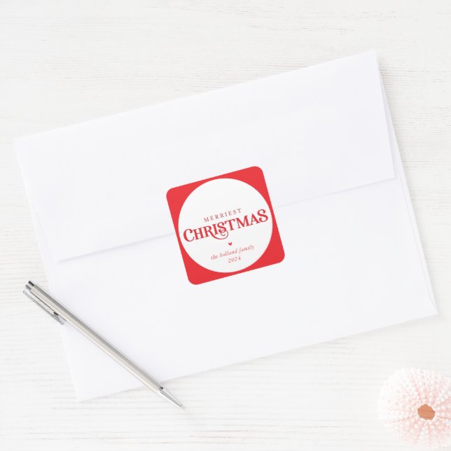 MODERN minimal cute festive red merriest christmas Square Sticker (Envelope)