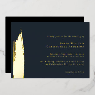 Modern Minimal Dark Blue Gold Paint Wedding 