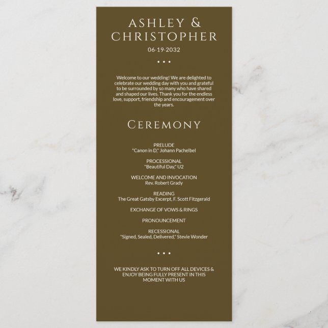 Modern Minimal Dark Bronze Wedding Ceremony Program (Front)