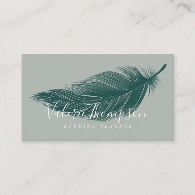 Modern minimal dark green elegant boho feather business card (Front)