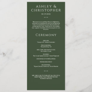 Modern Minimal Dark Moss Green Wedding Ceremony Program