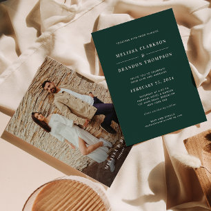 Modern Minimal Deep Emerald Green Photo Wedding  Invitation