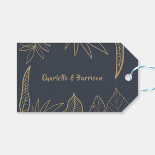Modern Minimal Drawn Leaves Navy Blue Gold Wedding Gift Tags
