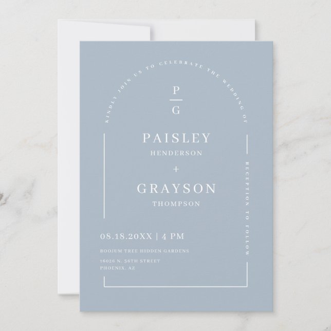 Modern Minimal Dusty Blue Arch QR Code Wedding Invitation (Front)