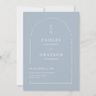 Modern Minimal Dusty Blue Arch QR Code Wedding Invitation