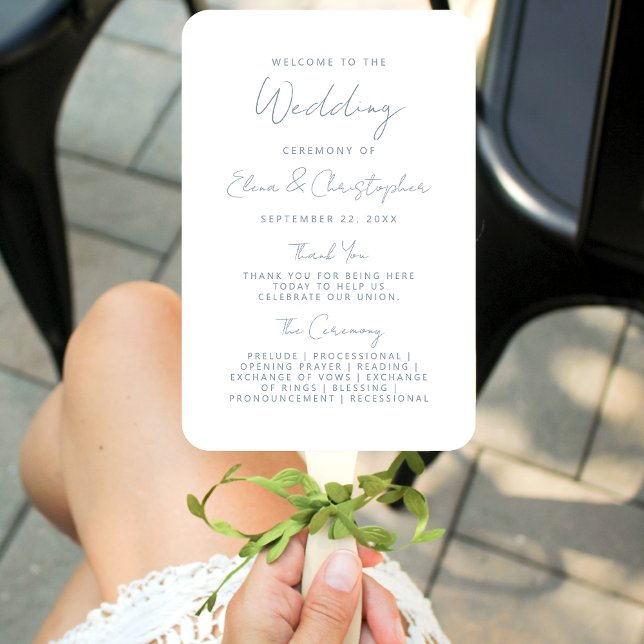 Modern Minimal Dusty Blue Script Wedding Program Hand Fan (Creator Uploaded)
