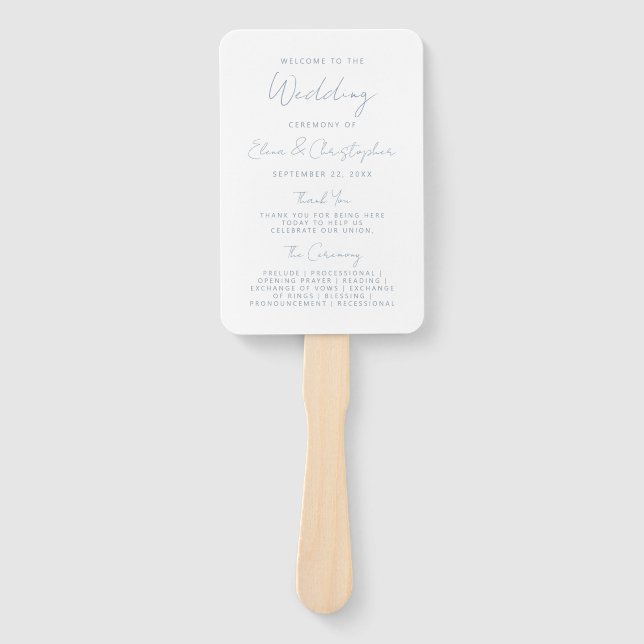Modern Minimal Dusty Blue Script Wedding Program Hand Fan (Front)