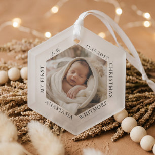 Modern Minimal Elegant Babys First Christmas Photo Glass Ornament