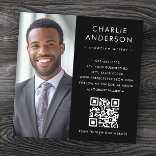 Modern minimal elegant black photo QR code Square Business Card