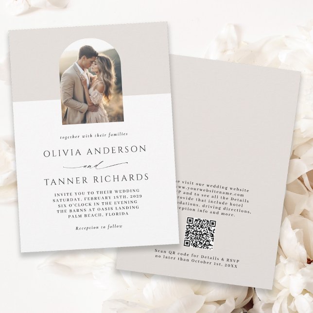 Modern Minimal Elegant Photo Arch QR code Wedding Invitation (Available in printed and instant download digital formats.)