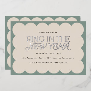 Modern minimal elegant sage green retro wavy edge foil holiday card