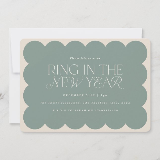 Modern minimal elegant sage green retro wavy edge invitation (Front)