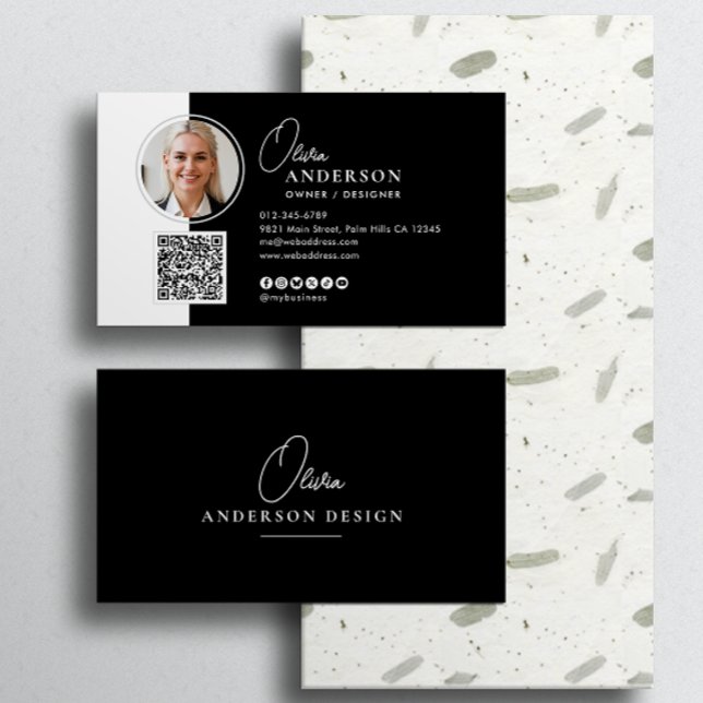 Modern Minimal Elegant Script QR Code Social Media Business Card (Creator Uploaded)
