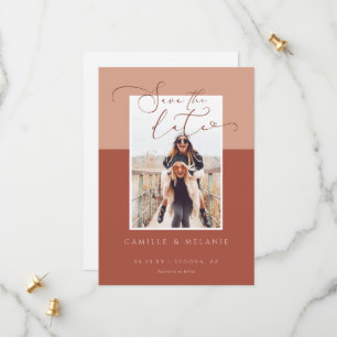 Modern, Minimal Elegant Terra Cotta Two Tone Photo Save The Date