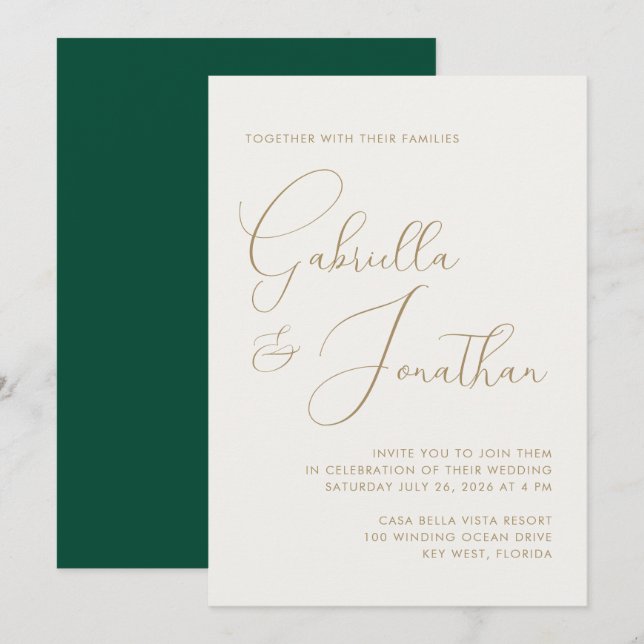 Modern Minimal Emerald Green Cream Script Wedding Invitation (Front/Back)
