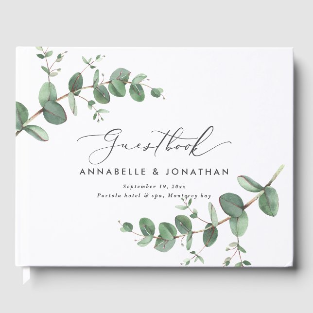 Modern minimal eucalyptus rustic simple guest book (Front)