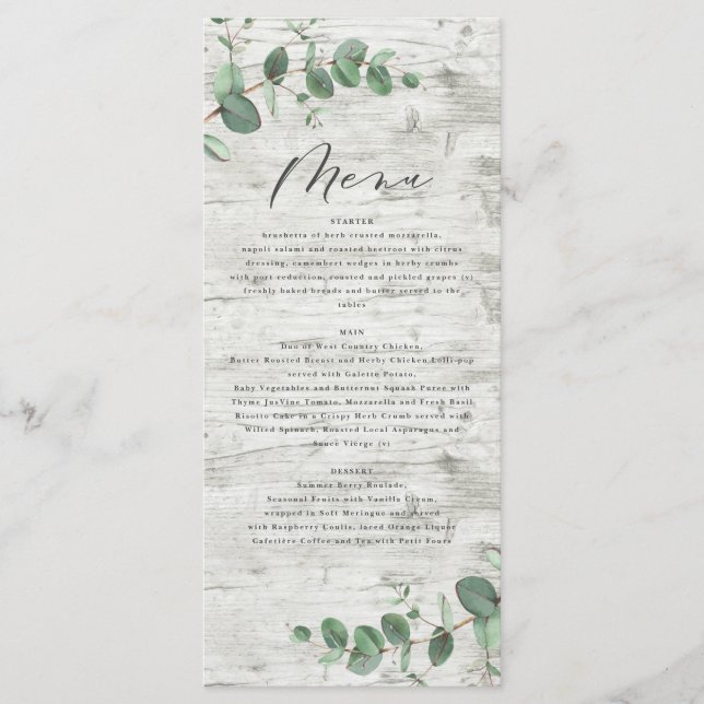 Modern minimal eucalyptus white wood wedding menu (Front)