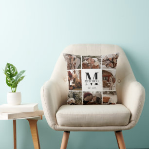 Modern Minimal Family Photo Collage Monogram Gift Throw Pillow