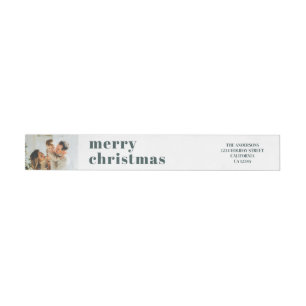 Modern Minimal Family Photo Dark Green Christmas Wrap Around Label