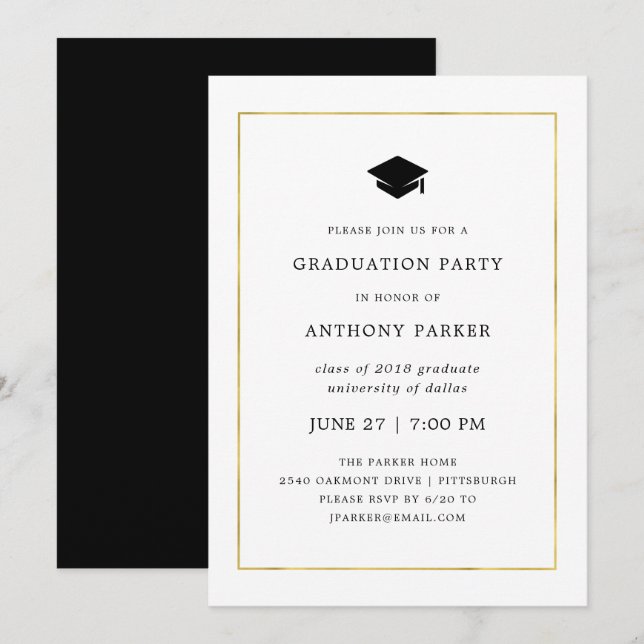 Modern Minimal | Faux Gold Border Graduation Party Invitation (Front/Back)