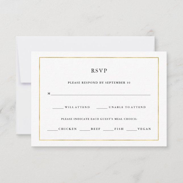 Modern Minimal | Faux Gold Border Meal Choice RSVP Card (Front)
