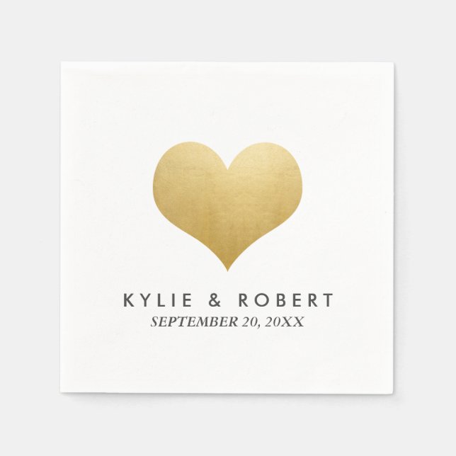 Modern Minimal Faux Gold Foil Cute Heart Wedding Napkin (Front)