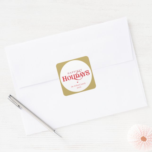 MODERN minimal festive red gold happiest holidays Square Sticker (Envelope)