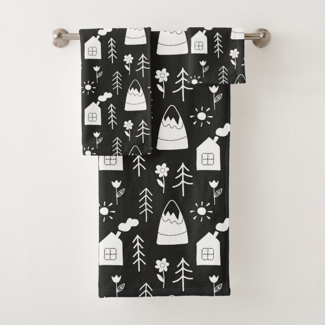 Modern Minimal Festive Scandi Black and White  Bath Towel Set (Insitu)
