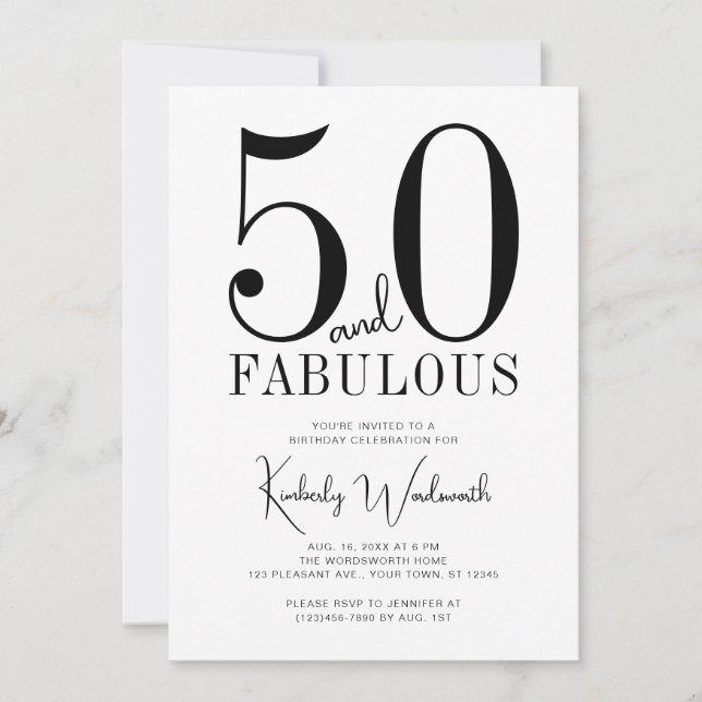 Modern Minimal Fifty and Fabulous 50th Birthday Invitation (Front)
