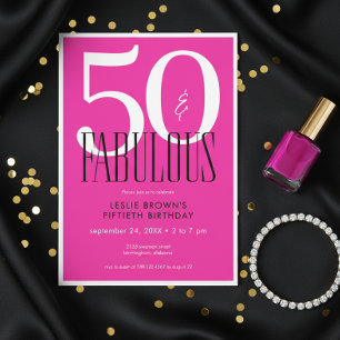 Modern Minimal Fifty Fabulous Bright Pink Birthday Invitation