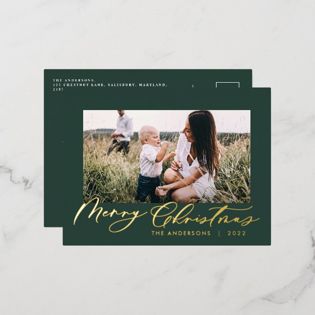 Modern minimal foliage 1 photo green elegant foil holiday postcard (Front/Back)