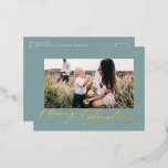 Modern minimal foliage 1 photo script elegant blue foil holiday postcard<br><div class="desc">Christmas elegant minimal modern black typography and 1 photo traditional classy holiday postcard. Real foil gold,  silver and rose gold typography detailing.</div>