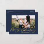Modern minimal foliage 1 photo script elegant blue foil holiday postcard<br><div class="desc">Christmas elegant minimal modern black typography and 1 photo traditional classy blue holiday postcard. Real foil gold,  silver and rose gold typography detailing.</div>