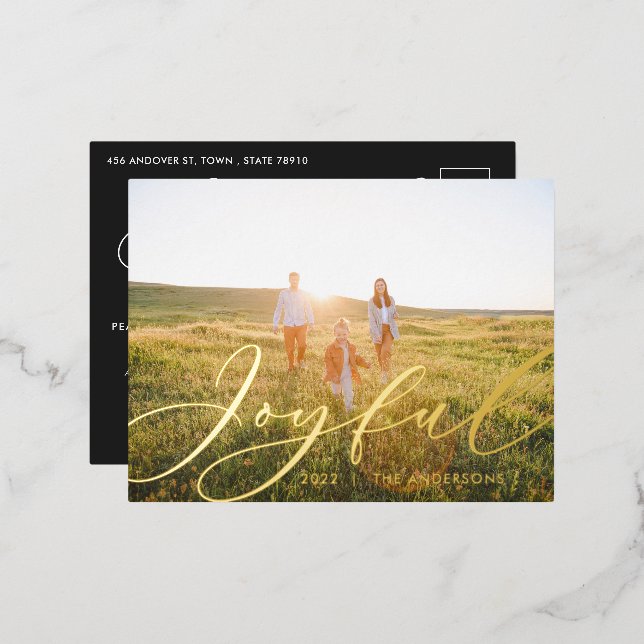 Modern minimal foliage 1 photo script elegant foil foil holiday postcard (Front/Back)