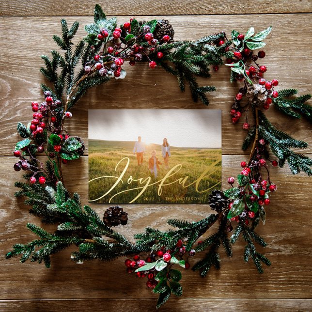 Modern minimal foliage 1 photo script elegant foil holiday card (Creator Uploaded)