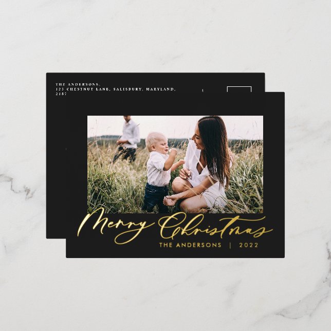 Modern minimal foliage 1 photo script elegant foil holiday postcard (Front/Back)